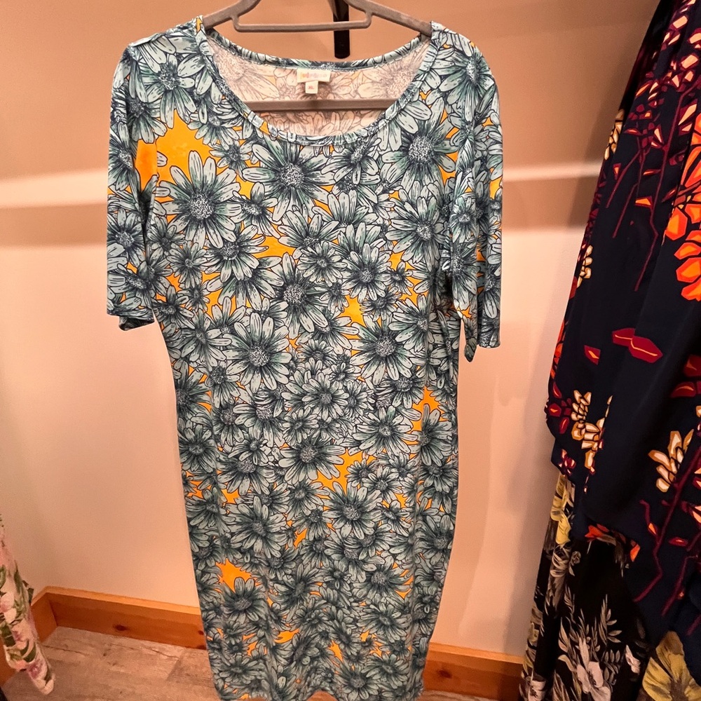 LuLaRoe Teal Floral Midi Dress with Mustard Accents